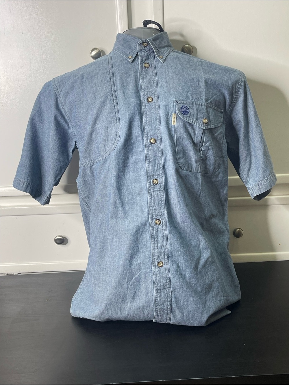 BERETTA Short Sleeve Denim Mens Sz S Padded Quilted Shoulder Shooting Shirt